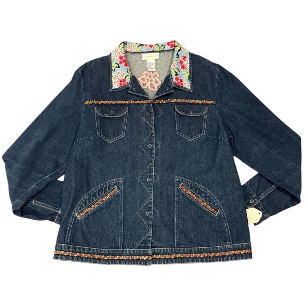 Trucker style jacket by Susan Graver Upcycled Floral Collar, Embroidered Trim - Picture 2 of 7